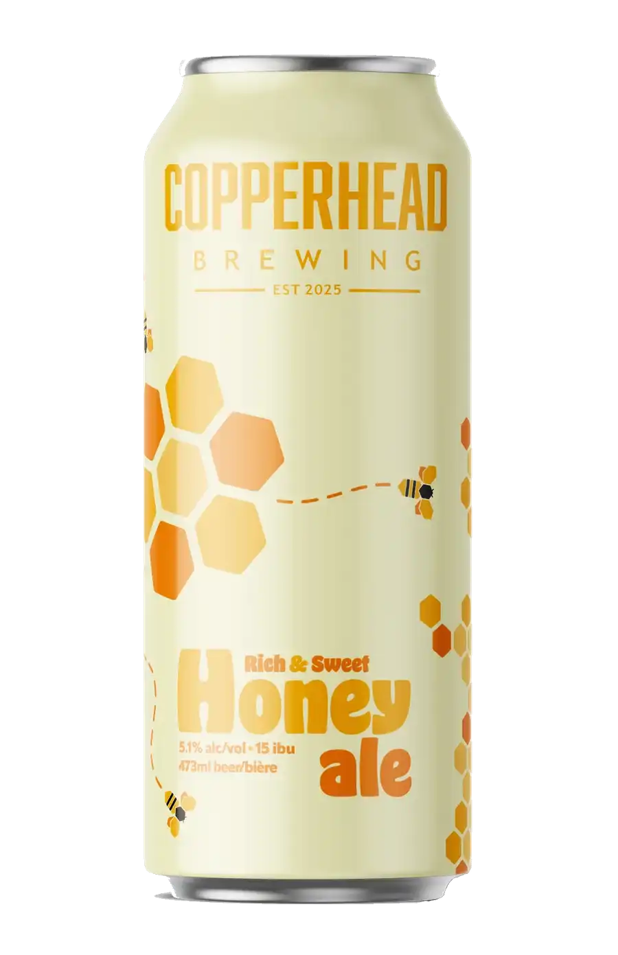 Honey Ale - rich malty craft beer brewed with 90kg of Saskatchewan honey by Copperhead Brewing Co. in Regina SK, stocked at local stores across Saskatchewan